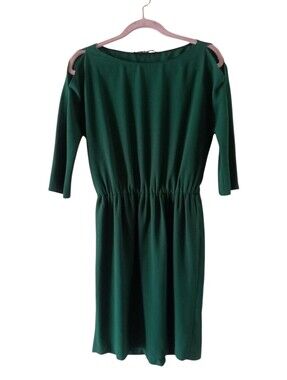 Zara Woman Green Elastic Waist Cold Shoulder 3/4 Sleeve Casual Dress Size M